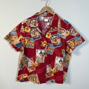Hilo Hattie Hawaiian Shirt Womens XL Red Postcard Hula Cotton Poplin Made in USA
